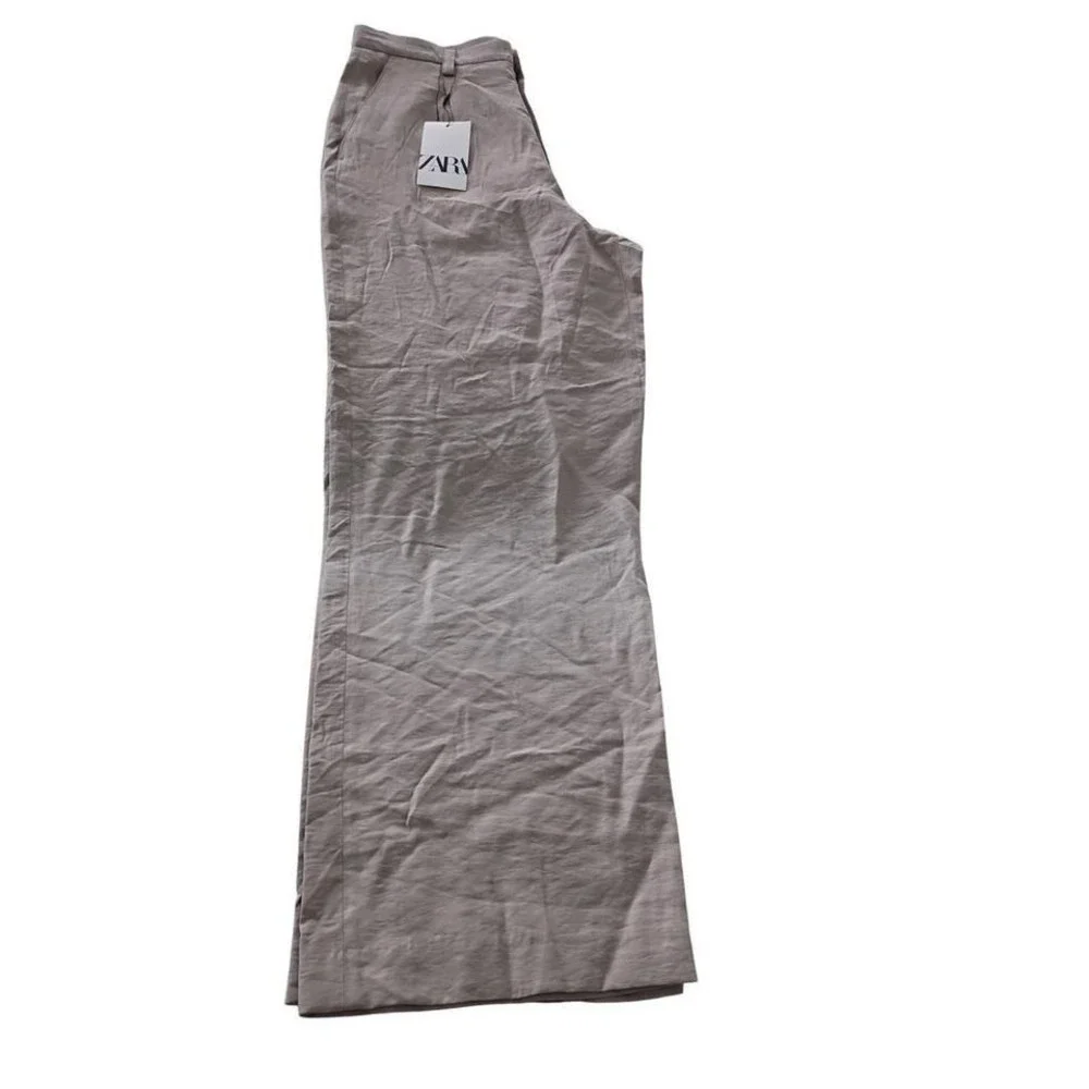 ZARA NWT Beige Linen Blend Wide Leg Trousers High Rise Button Fly 31 Minimalist